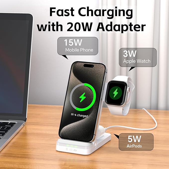 Wireless Charger, Tribone 3 in 1 Foldable Fast Charger for iPhone 17 16 15 14 13 12 11 Pro Max XR XS 8 Plus, for Apple Watch 11 10 9 8 7 6 5 4 3 2 SE Ultra,for AirPods Pro 4 3 2 (White)