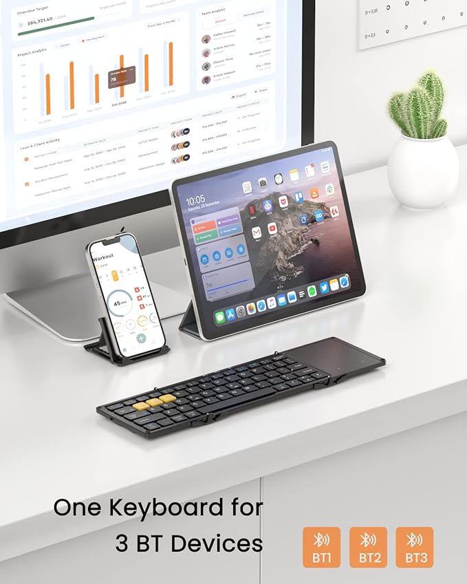 Foldable Bluetooth Keyboard, Wireless Portable Keyboard with Larger Touchpad, Pocket-Sized Folding Travel Keyboard for MacOS Android Windows iOS, Sync Up to 3 Devices (BT5.1 x 3)