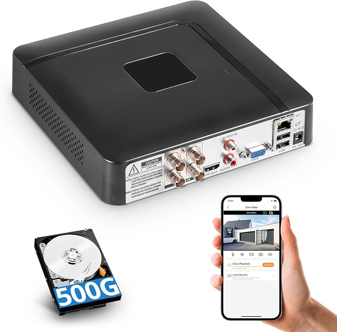 Fuers 5MP 4 Channel DVR with 500G HDD for Home Security Camera System with AI Human Detection, Hybrid 6-in-1(CVBS/XVI,AHD,TVI,CVI,IP) Surveillance CCTV DVR Recorder, Remote Access, Email Alarm