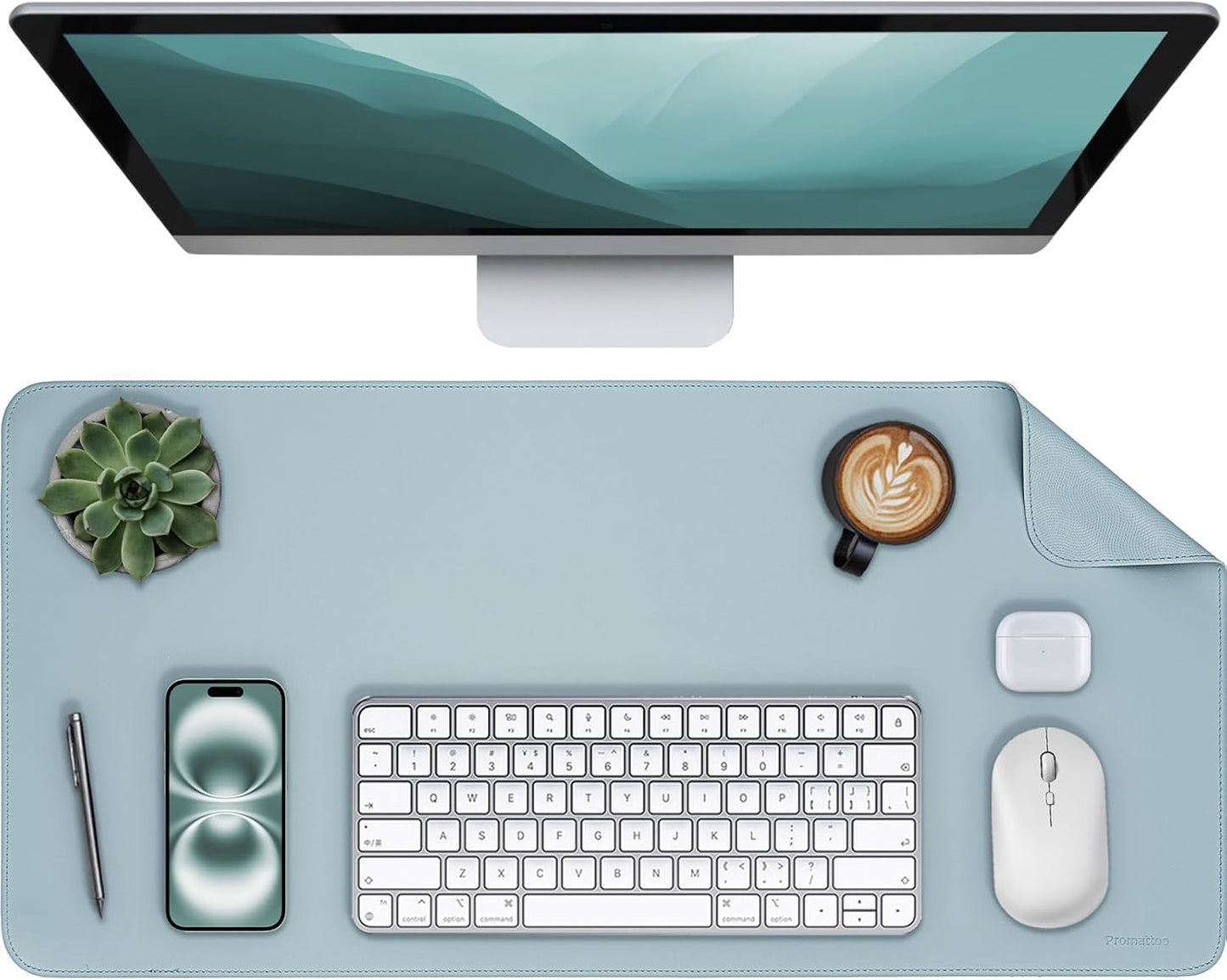 Oversized Non-Slip Desk Pad Protector – Grips Desk Firmly, Anti-Slip Like You've Never Seen! Vegan Leather Waterproof Laptop Mat for Keyboard & Mouse – Large Office Pad– Morning Fog Blue