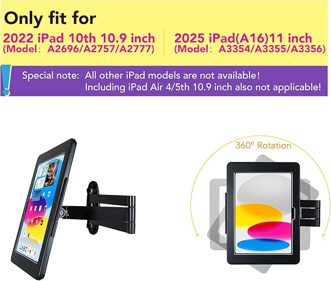 Tablet Wall Mount Bracket with fold for 2025 iPad 11" (A16) 11th/ 2022 iPad 10.9" 10th Gen.,Excluding Other 10.9"/ 11",Extend Adjustable Arm with Lock & Key,Multi Angle,Rotate,Metal(Black)