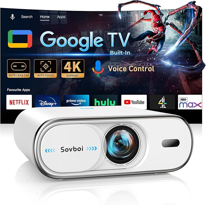Projector Compatible with Google TV|1800 ANSI|Auto Lens Cap&4D Keystone|Auto Focus|Voice Control Portable Outdoor Projector 4K with WiFi and Bluetooth, Sovboi Smart Proyector for Netflix Home Theater