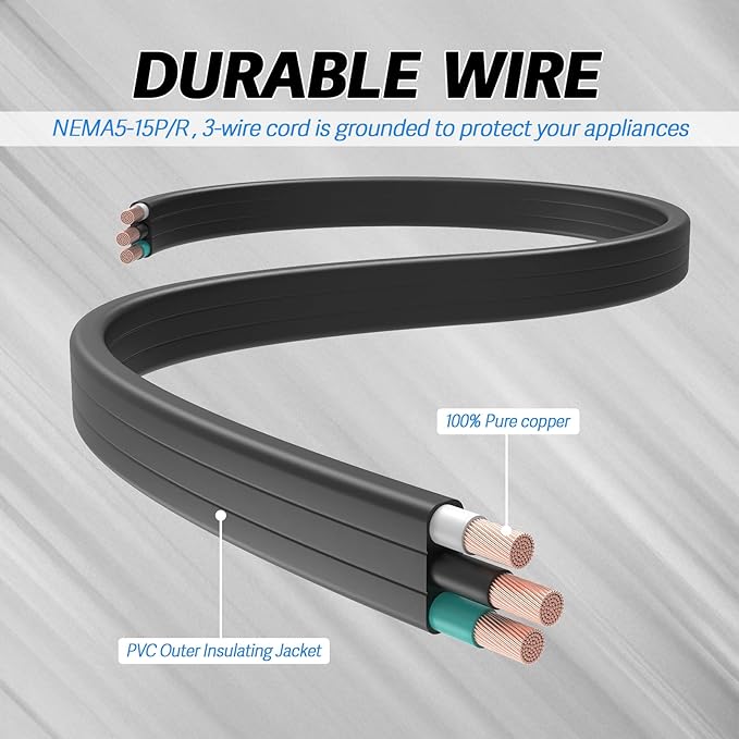 EP 15 Ft 3 Outlet Extension Cord with Flat Plug, 3 Prong Grounded, 16/3 SPT-3 Power Cable for Indoor Use, Black, 2 Pack