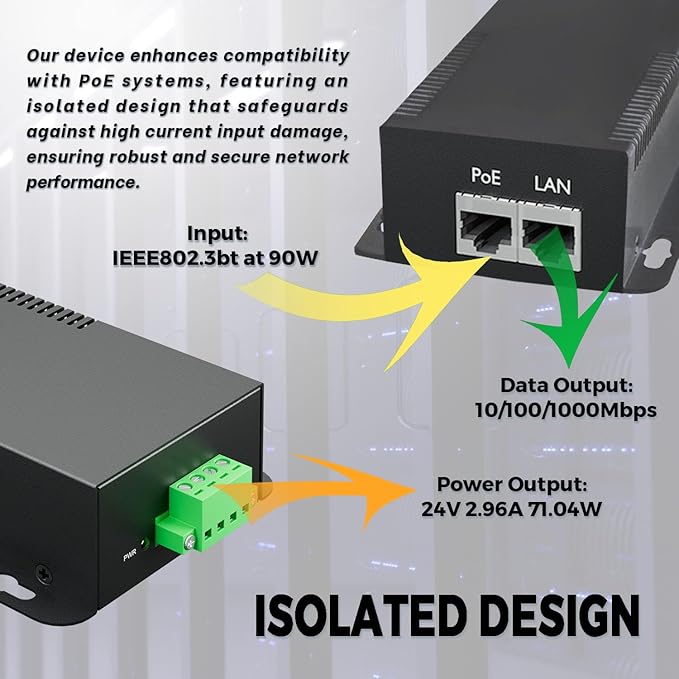 PROCET PoE System Gigabit PoE Splitter, 24V/2.96A, IEEE802.3 af/at/bt Compliant, 10/100/1000Mbps, High Power Communication Station /Wireless APs /Network Cameras, PT-PD208GBH-24
