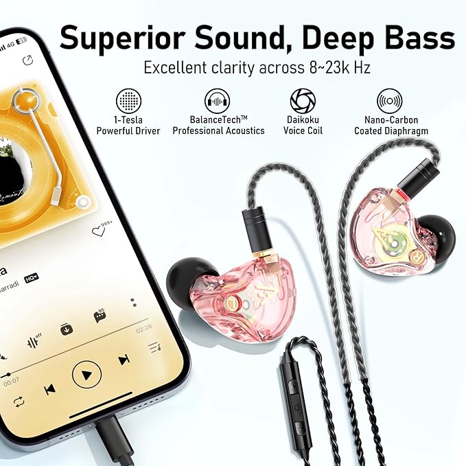 Vibes 202ML Wired Earbuds - HiFi in Ear Headphones - Noise-Isolating Ear Buds w/ Mic - Clear Sound, Deep Bass, Comfort-Fit Earphones - MMCX–Lightning for iPhone 5–14, Silver Plated Cord, Carrying Case