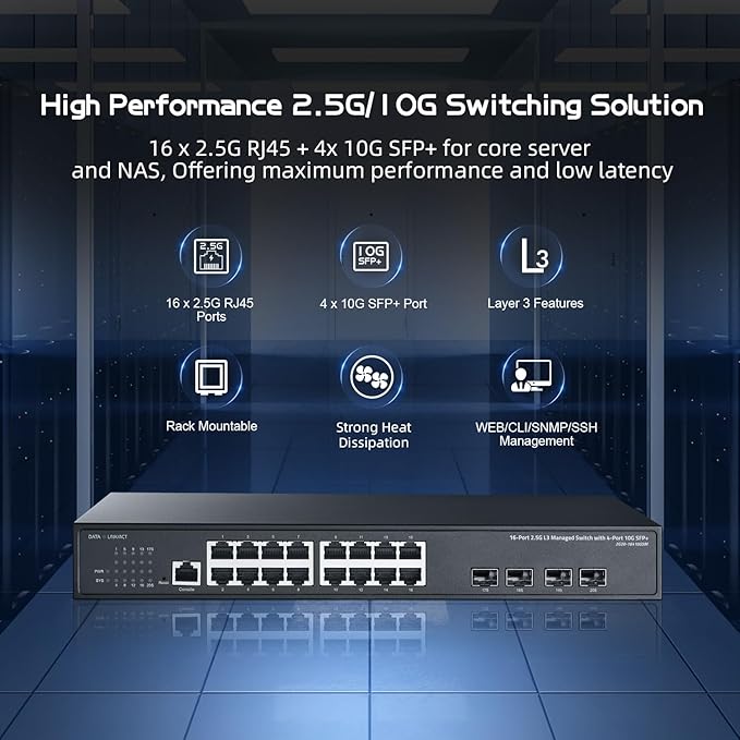 Binardat 20 Port 2.5G Web Managed Switch, 16x2.5G Ethernet, 4x10 Gigabit SFP Ports, Web/CLI L3 Managed, Metal Multi-Gigabit Desktop/Rackmount Network Switch
