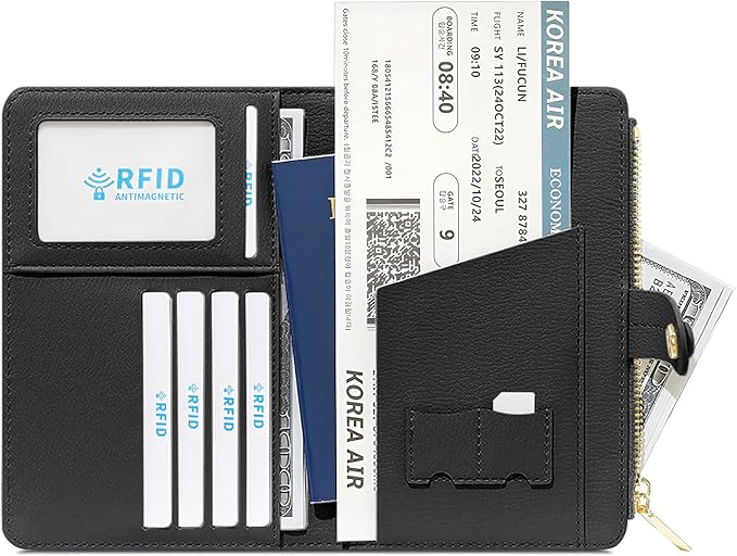 DOB SECHS Passport Holder Wallet for Women, Leather RFID Blocking Passport Cover Credit Cards Case Women Travel Accessories Organizer Pouch Bag with ID Window+Zippered Cash Pocket+SIM Slots, Black