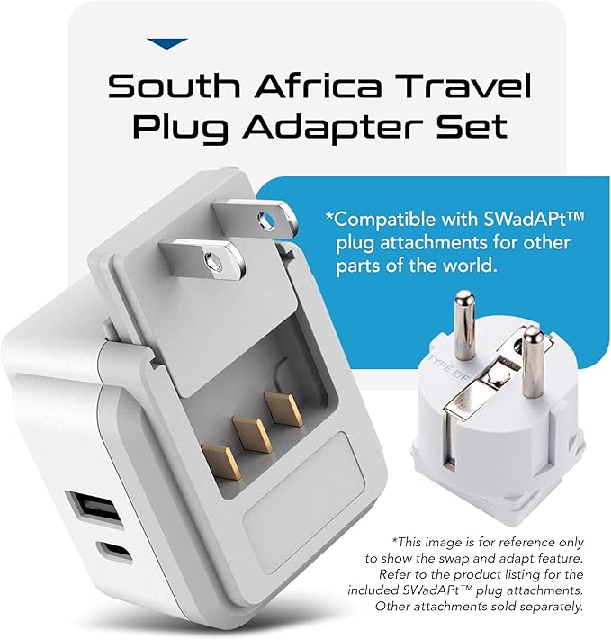 Ceptics South Africa Power Adapter Travel Set - 20W PD & QC, Fast & Safe with Dual USB & USB-C - 2 USA Outlet - Use All Over Africa, Zimbabwe, Morocco - Includes Type E/F, M, G SWadAPt Attachments