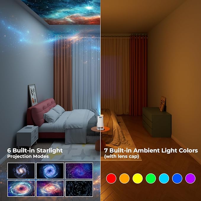 Portable WiFi and Bluetooth Projector - 4K 1080P Supported Mini Movie Projector, 270°Adjustable Stand Outdoor Home Theater Star Projector with Ambient Light for Phone TV Stick Laptop