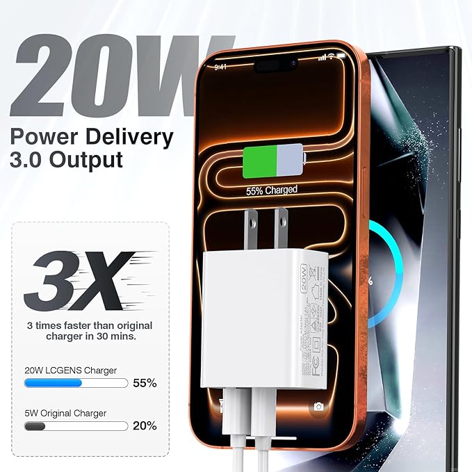 2-Pack Type C Charger Adapter, 20W Multiport Fast Charge Power Brick Cube for iPhone 16/17, iPad, iPod, Samsung Galaxy, Motorola, PS5, Huawei, HTC, LG, Nokia, QC+PD 3.0 USBA Box Wall Plug