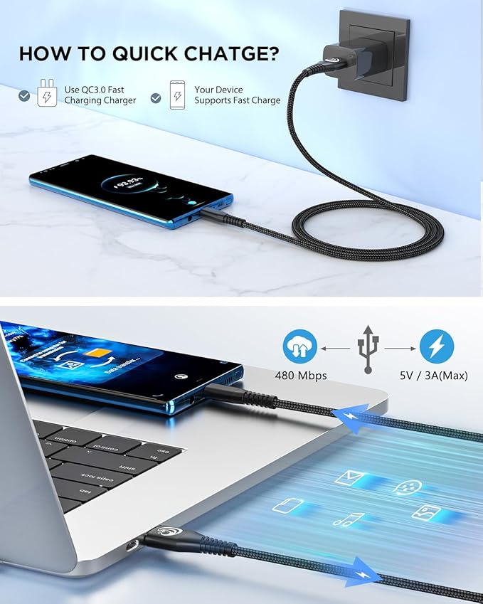Aioneus USB C Cable, 3FT 2 Pack USBC Cable Fast Charging Cable 3A Type C Cable for Samsung Galaxy S24 S23 S22 S21 S20 A14 A15 A20 A32 A42 A53 A54, iPhone 16 15 Series, Tablet, Pixel, LG, PS5(Black)