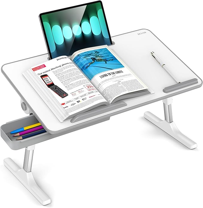 Besign LT05 Adjustable Laptop Table, Lap Desk, Portable Standing Bed Desk, Foldable Sofa Breakfast Tray, Notebook Computer Stand for Reading and Writing, Medium Size, White