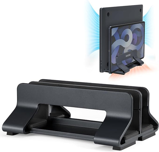 Aluminum Dual Vertical Laptop Stand Dock Holder, Supports 2 Devices, Adjustable Slot Width 15-36mm, Space-Saving Upright Storage for MacBook and Laptops