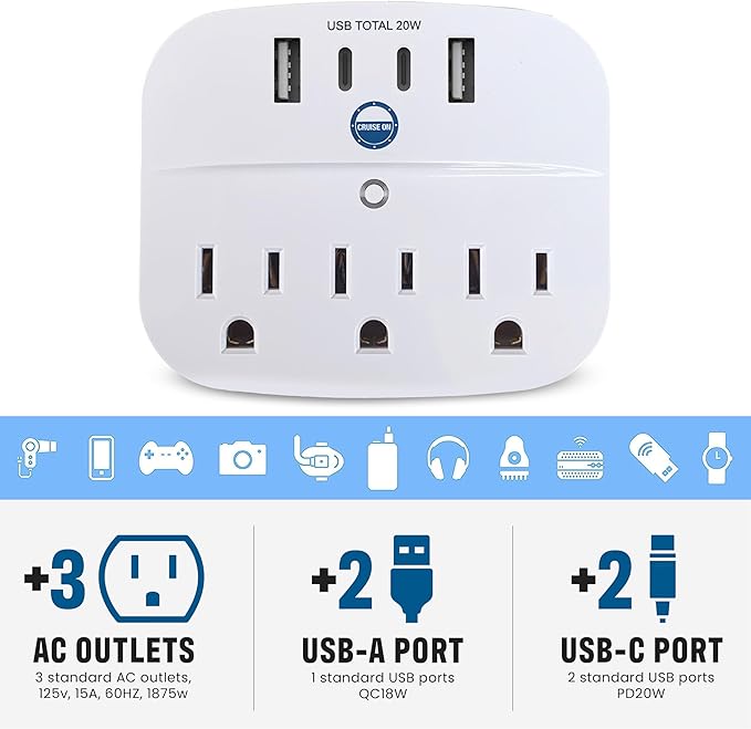 Cruise Approved Non Surge Power Strip [2 USBC, 2 USB, 3 AC] - Cruise Essentials for Carnival, Celebrity, Princess, Norwegian, MSC & Major Cruise Lines