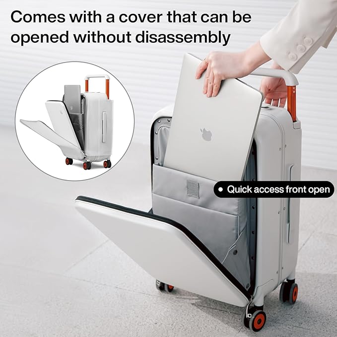 mixi Checked Luggage Wide Handle Luxury Design Rolling Travel Suitcase PC Hardside with Aluminum Frame Hollow Spinner Wheels, with Cover, 24 inch, Smoke White