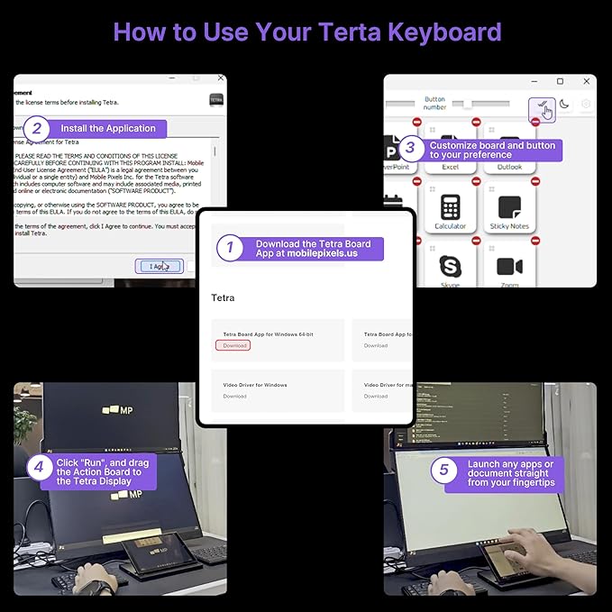 MP Mobile Pixels Tetra Keyboard with 8" Touchscreen, Customizable Hotkeys Wireless Ergonomic Keyboards, 3 Modular Layouts, Bluetooth Connectivity, USB-C Charging, Portable Keyboard for Windows/Mac