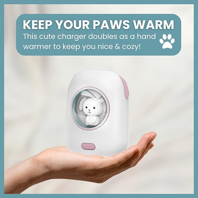 Cute Portable Charger/Power Bank | Compatible with iPhone, Galaxy, & Pixel | Doubles as a Rechargeable Hand Warmer | LED Display & Cute, Pet-Themed Design (White)