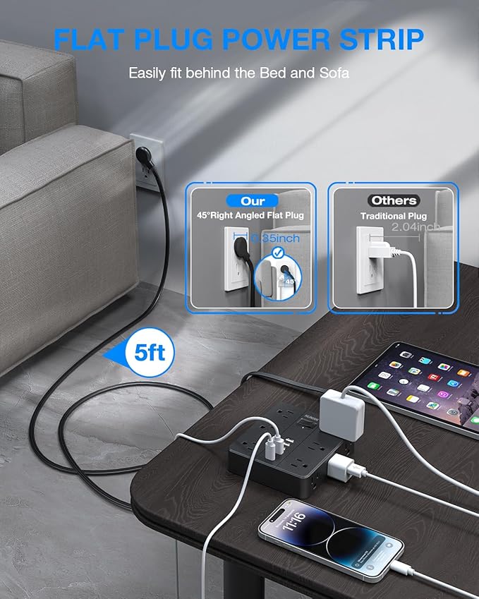 Power Strip Surge Protector, Flat Extension Cord Indoor 20 Feet, HUNIAN 12 Widely Spaced Outlets with 6 USB Charger (2 USB C Ports), Desk Charging Station for Home Office Supplies, Dorm Room, Black