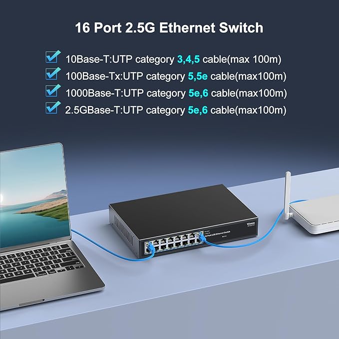 2.5G Switch Unmanaged, Vimin 16 Port 2.5GB Base-T Ethernet Switch, 2.5Gb Network Switch Plug & Play, Compatible with 10/100/1000/2500Mbps, Metal Housing, Fanless, for 2.5Gbps NAS, Wireless AP & PC