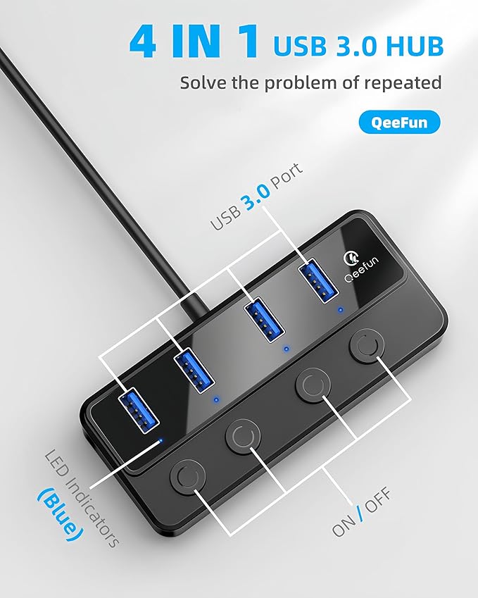 Qeefun 4-Port USB 3.0 Hub, Individual LED Power Switches, Multiport Splitter with 4ft Extension Cable, USB Extender for Laptop, PC, USB Flash Drives, iMac and More