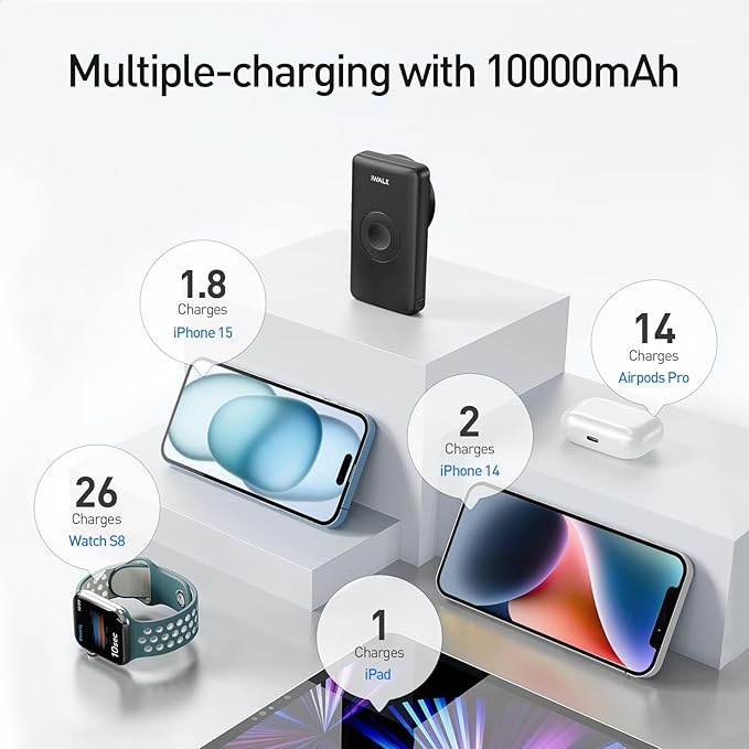 iWALK Magnetic Wireless Power Bank with iWatch Charger,10000mAh PD Fast Charging Portable Charger Compact Battery Pack Compatible with iPhone 17/16/15/14/13/12 Series,Apple Watch Ultra/8/7/6/5/4