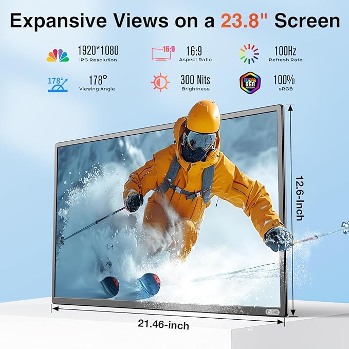 23.8" Portable Monitor, 1080p FHD 100HZ IPS Gaming Monitor, 90° Rotatable & Height-Adjustable Display, Built-in Speakers, VESA Mounting, External second monitor for Laptop, Mini PC, Switch, PS5