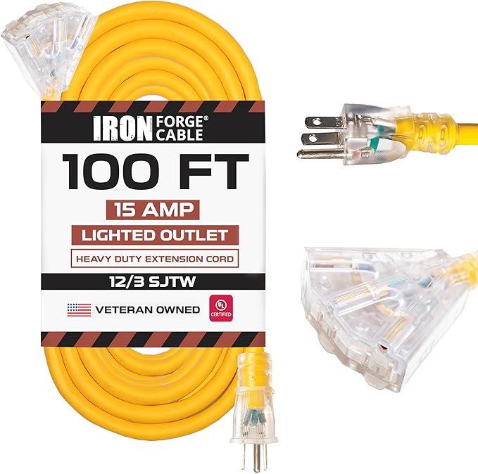 Iron Forge Cable 100ft Outdoor Extension Cord, Lighted with 3 Electrical Power Outlets - 12/3 Gauge SJTW Heavy Duty Extension Cable, Yellow, 15 AMP - 3 Pronged with Grounded Plug for Improved Safety