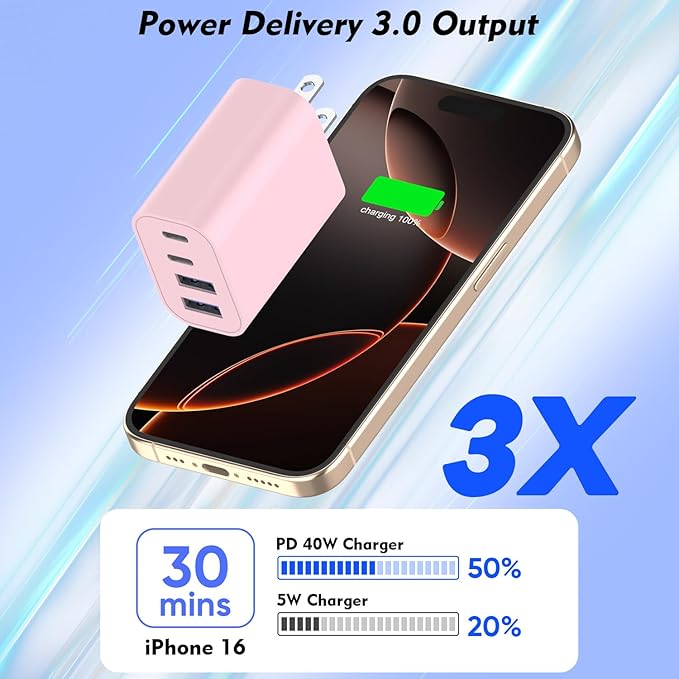 2 Pack USB C Wall Charger,40W Apple iPhone 17 Charger Block 4-Port Multiport PD Power Adapter + QC Wall Plug USBC Fast Charging Block Adapter for iPhone 17/Air/16e/17/16/15 Pro Max/14/13/12/iPad(Pink)