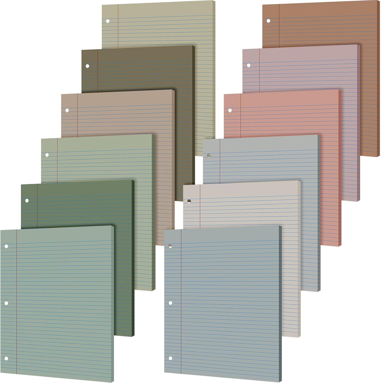 PerKoop 12 Pack 600 Sheets Colored Lined Paper Bulk Wide Ruled 8 x 10.5 Inches, Pastel Loose Leaf Notebook Paper 3 Hole Punched Filler for Back School Classroom Supplies(Morandi Color)