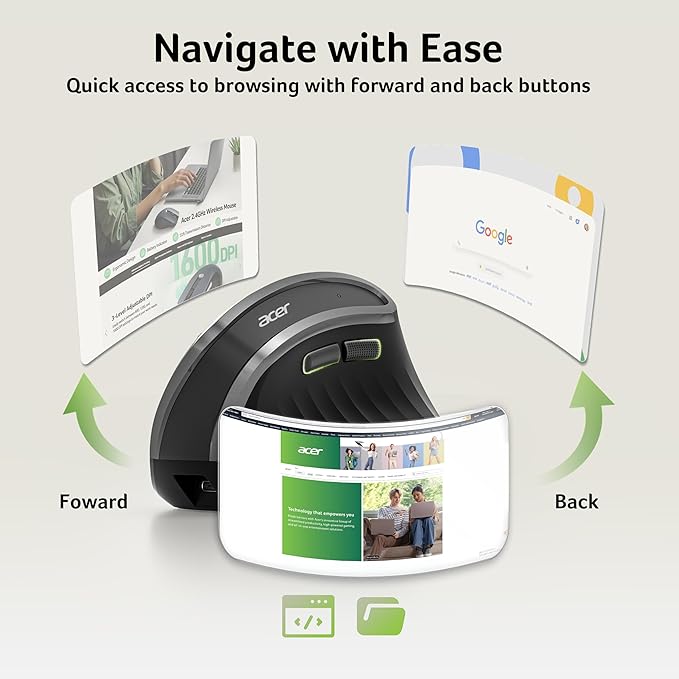 acer Ergonomic Mouse Wireless, Vertical Computer Mouse for Office, Ergo Mice Rechargeable for Right Hand, 2.4GHz USB Receiver, 800/1200/1600 DPI, 6 Buttons for Laptop, PC and Desktop