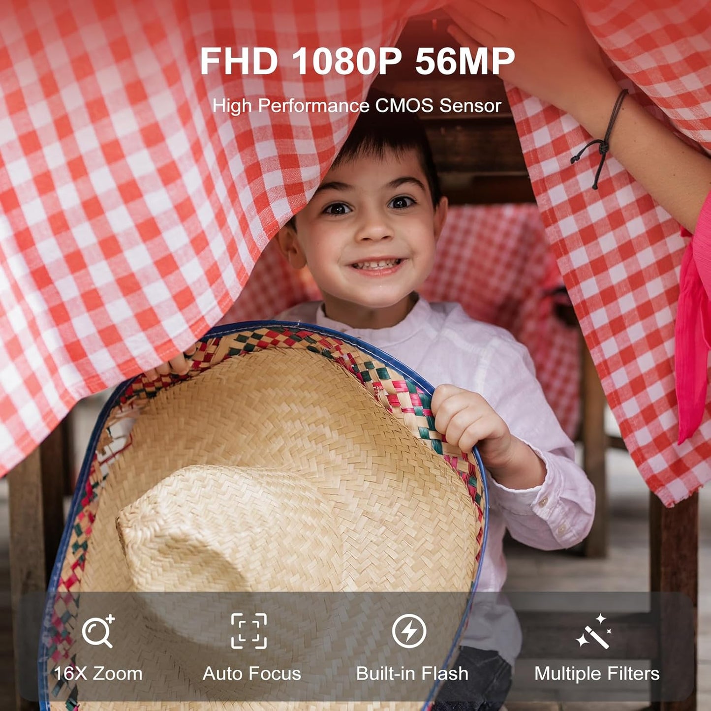 Digital Camera,Autofocus 1080P kids Camera, 56MP Protable Point and Shoot Camera with 8X Zoom, Anti-Shake, Small Compact Camera Gift for Teens Adult Beginner with two batteries, 32GB memory card-Black