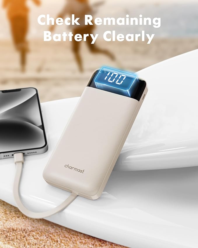 charmast Portable Charger with Built in Cables, Power Bank with Cords Wires, Slim 10000mAh Travel Battery Pack 6 Outputs 3 Inputs 3A Fast Charging for Samsung Google Pixel LG Moto iPhone iPad