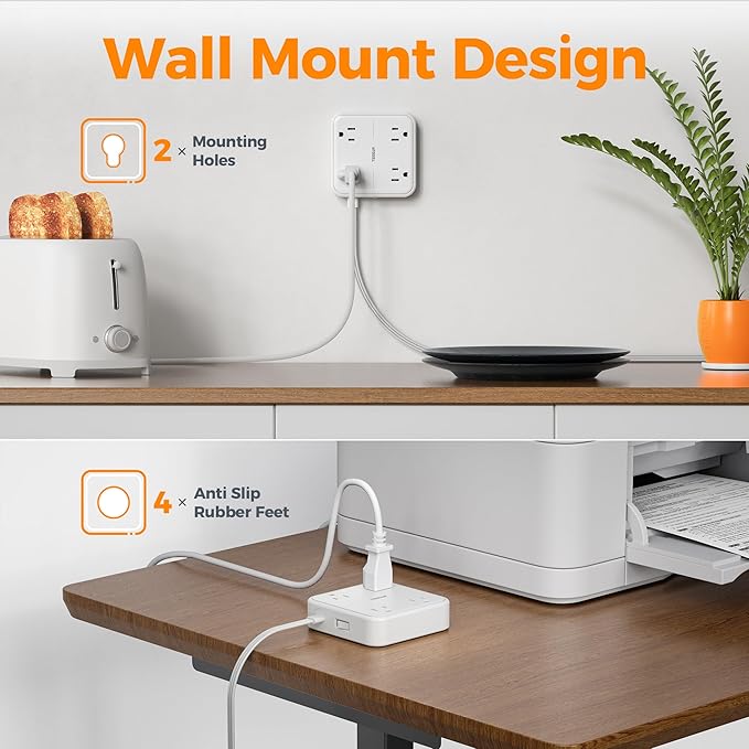 Surge Protector Flat Extension Cord 10FT, TESSAN Flat Plug Power Strip with 4 Outlets 3 USB Ports (1 USB C), 900 Joules Protection, Multiple Wall Outlet Extender Suitable for Home Office Dorm, White