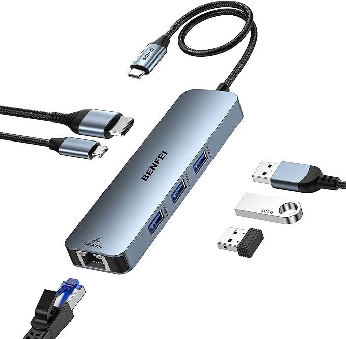 BENFEI USB C HUB 6-in-1 with HDMI(4K@60Hz), Gigabit Ethernet, 100W Power Delivery, 3*USB 3.0, Silicone Cable, Aluminum Case Compatible with iPhone 15 Pro/Max, MacBook, iPad Pro, iMac, S23, XPS17