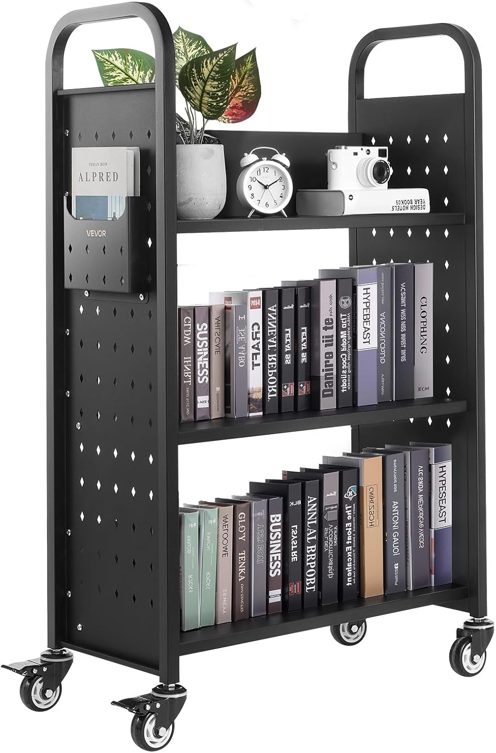 VEVOR Rolling Library Book Cart, 330 lbs Capacity, 30.3 x 15 x 48.0-Inch Library Cart, Single Sided L-Shaped Shelves with 3-Inch Lockable Wheels, Book Truck for Home Shelves Office and School, Black