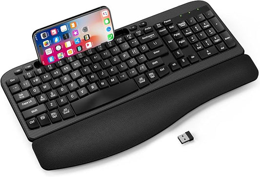 Ergonomic Wireless Keyboard with Cushioned Wrist Rest, Wave Keys, Phone Holder, Comfortable Natural Typing, 2.4GHz Full Size Cordless USB Computer Keyboard for Laptop, Mac, Windows (Black)