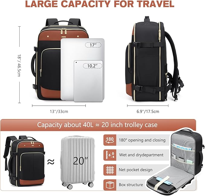 VNINE Travel Backpack for Women Men: 40L Large Carry on Backpack 17 Inch Laptop Backpack Flight Approved Business Work Bag Water Resistant Luggage Daypack Weekender Bag for College Hiking Overnight
