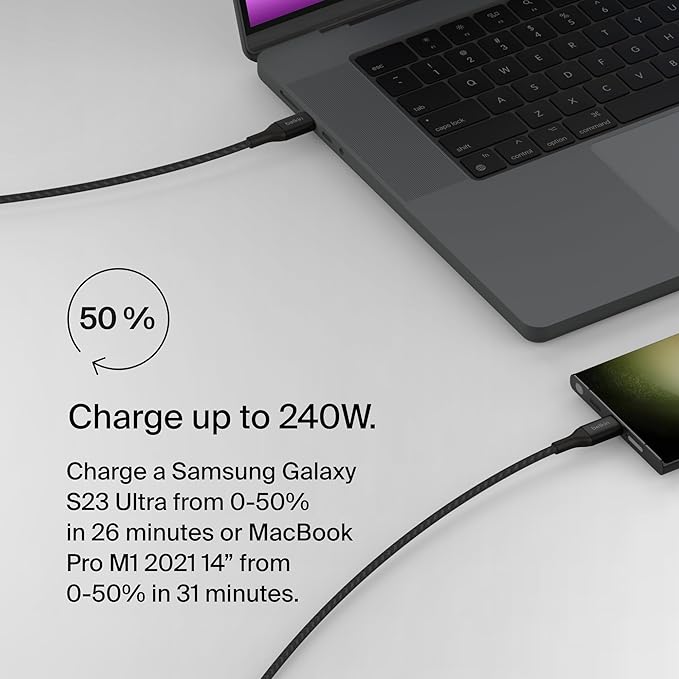 Belkin BoostCharge USB C to USB C Cable - Fast-Charging Power Cable with Braided Nylon Cord, Anodized Aluminum Head - 240W Power Delivery - Universal Compatibility - 3.3 or 6.6ft Length