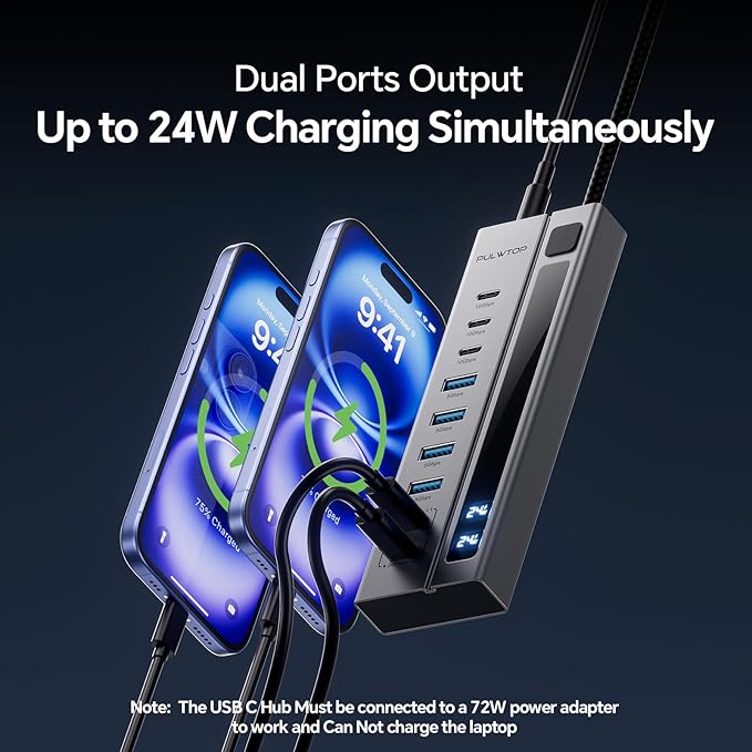 Powered USB C Hub, PULWTOP 9-in-1 USB Hub Support 10Gbps Data&PD 45W Max Charging, USB HUB Adapter for MacBook, iMac, iPad, Phone, and Other Laptops (Not Support Video and Power Adapter Not Included)