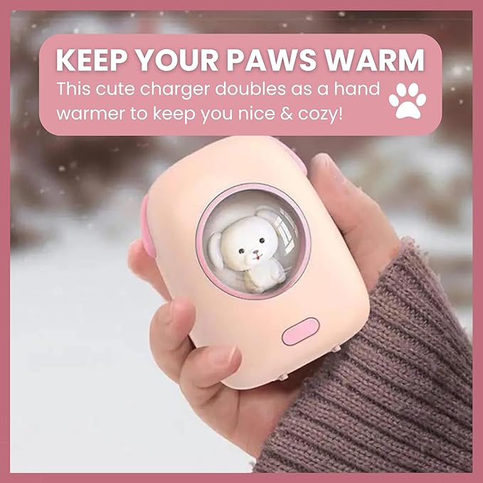 Cute Portable Charger/Power Bank | Compatible with iPhone, Galaxy, & Pixel | Doubles as a Rechargeable Hand Warmer | LED Display & Cute, Pet-Themed Design (Pink)