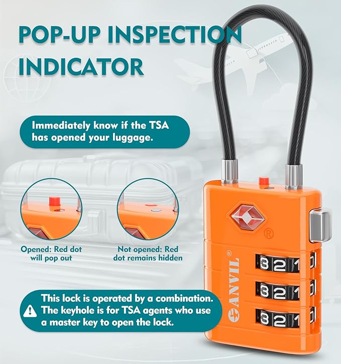 ANVIL TSA Approved Luggage Locks – High Security TSA008 Combination Travel Locks with Inspection Indicator for Suitcases and Backpacks. (2, Orange)