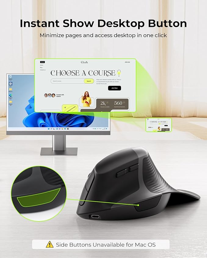 seenda Ergonomic Mouse Rechargeable, 2.4G USB & Type C Vertical Wireless Ergo Mouse with Instant Desktop Return Key, Quiet Click, Palm Rest, Anti-Slip Optical Mice for Mac OS, Windows PC Laptops