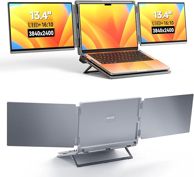 Intehill 4K Laptop Screen Extender, 13.4" Dual Screen Monitor for Laptop, 3840x2400 Anti-Glare Portable IGZO Display, 100% sRGB 500 Nits Brightness Foldable Plug-Play Portable Travel Monitor, LR13U