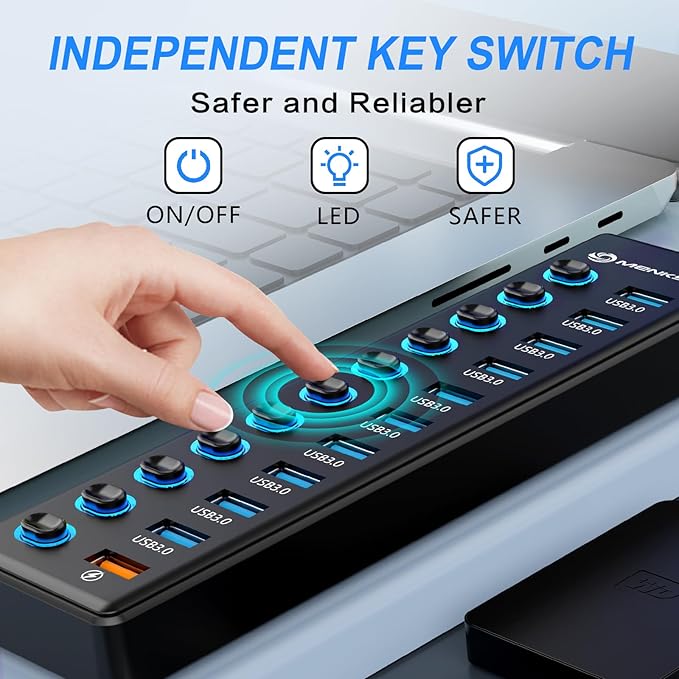 Powered USB Hub, MENKSID 11-Port USB Hub, 10 USB 3.0 Data Transfer Ports + 1 Smart Charging Port, Independent Switch (with LED Power Indicator), USB 3.0 Hub Powered with Power Adapter for Mac, PC