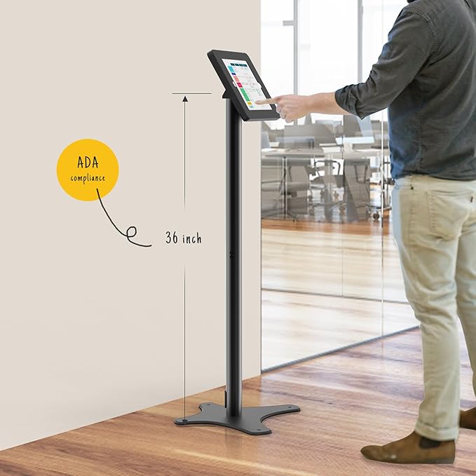 Tablet Floor Stand Compatible with 10.2" iPad 7 8 9, Rotate Lockable Metal Tablet Enclosure+Aluminum Pole+Metal Base - BSF302BT