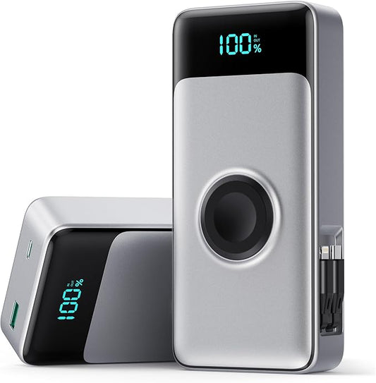 Portable Charger 40800mAh Power Bank with 2 Built-in Retractable Cables,25W PD Fast Charging Phone Charger with iWatch Charger,5 Output 2 Input LCD Display Battery Pack for iPhone 16/15/14/13,Android
