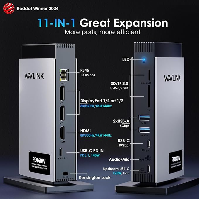 WAVLINK Laptop Docking Station 3 Monitors(Max Resolution: Single 8K or Triple 4K), 11-in-1 USB C Docking Station with 125W PD3.1 Pass-Through, HDMI + 2*DP, for MacBook M1/M2/M3/M4 & Windows, SD/TF