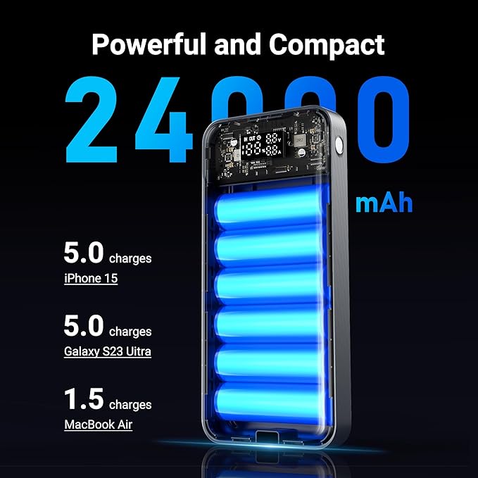 280W Power Bank, 24,000mAh 3-Port Laptop Portable Charger(88.8Wh), Digital Display, Compatible with MacBook Pro/Air, iPhone 16/15/14/13 Series, Vision Pro, Samsung, SteamDeck, Dell, AirPods, Tablet