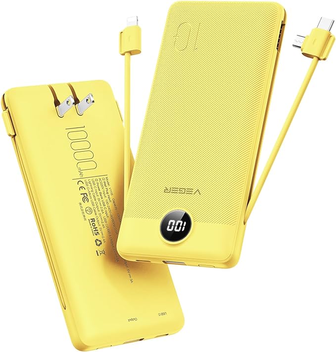 VEGER Portable Charger with Built-in AC Plug and Cables, All in One 10000mAh Ultra-Slim Power Bank, 15W Fast Charging for iPhone, Samsung, Android, Travel Essential (Yellow)