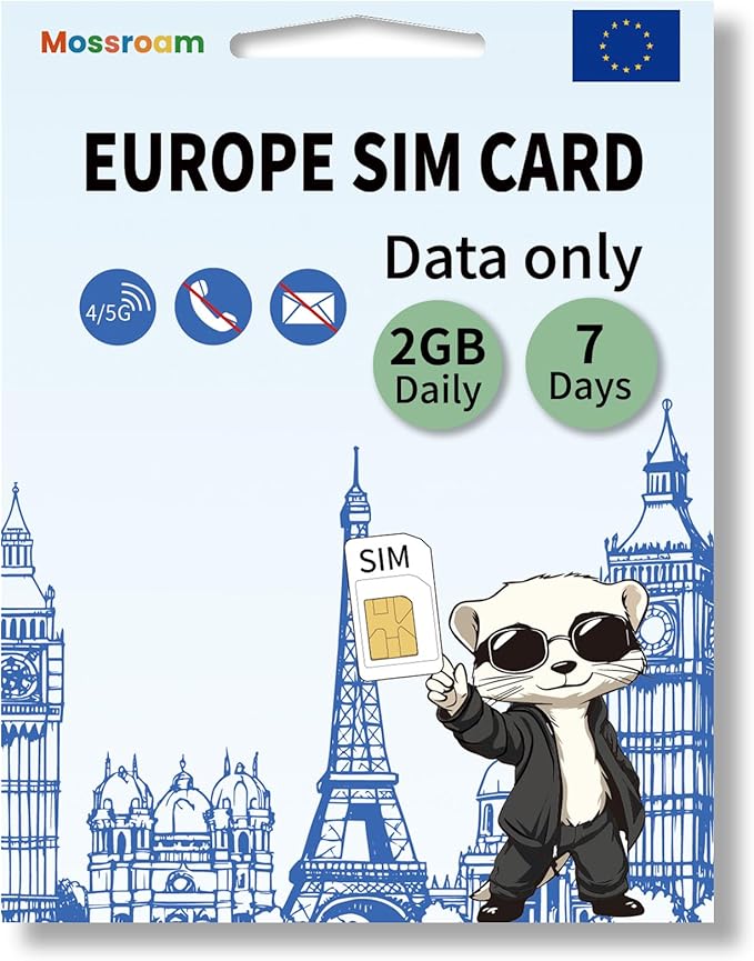 Data SIM Card for Europe Travel 7 Days 2GB Daily for Unlocked Phones,Easy Activation 4/5G High-Speed Communication, Coverage of All European Countries